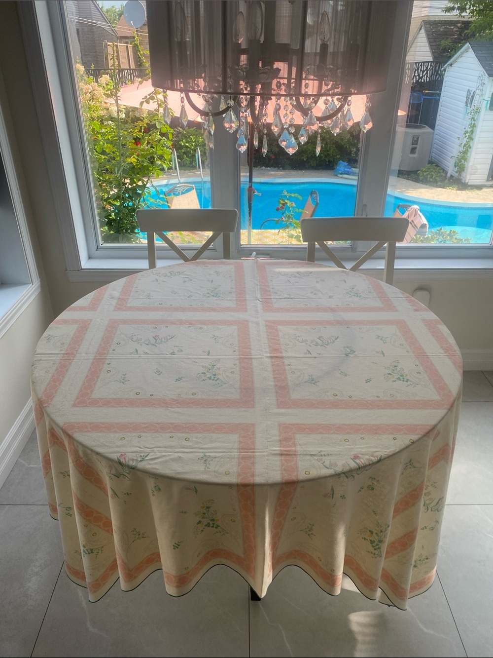 Cotton VTG Cream & Pink Floral Square Tablecloth w green piping W58”x L76.5”